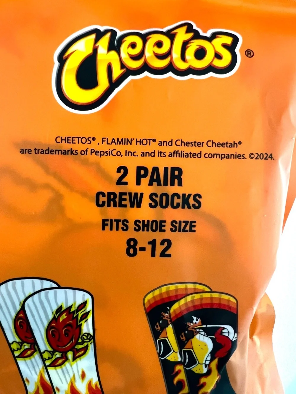 Cheetos Flamin’ Hot Crunchy Crew Socks 2 Pair Unisex Size 8 to 12 New In Package